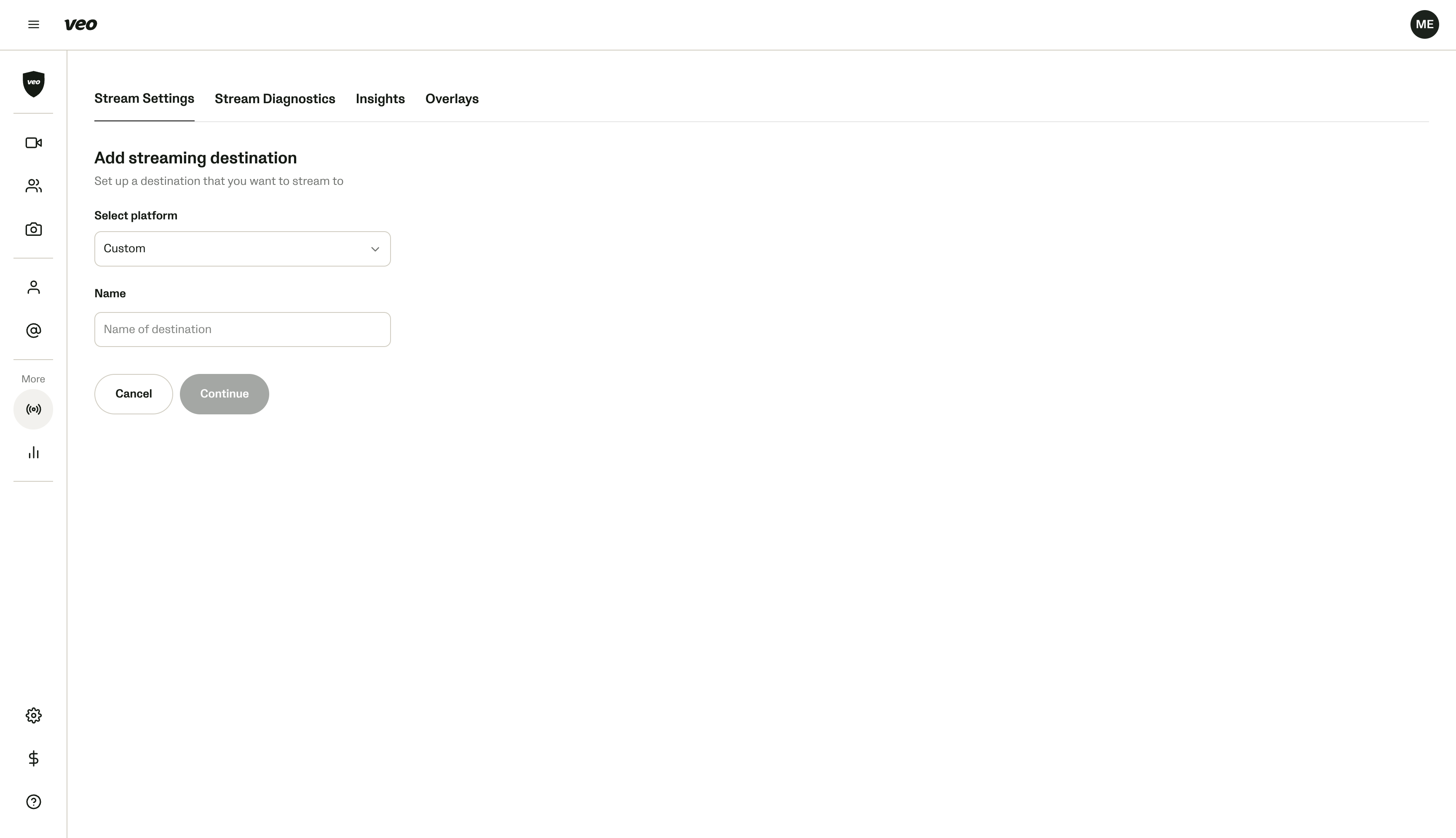 Veo Clubhouse Add streaming destination — Custom selected in the platform dropdown, with the Name field and Continue button